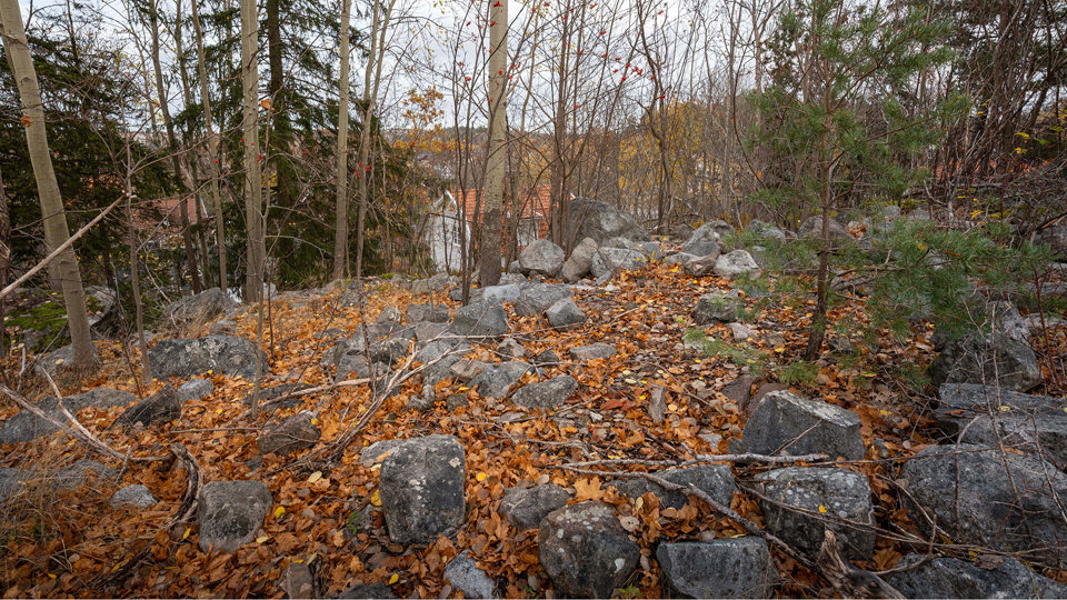 Flera stora stenar blandat med höstlöv på en höjd, i skogsområde ovanför ett villaområde.