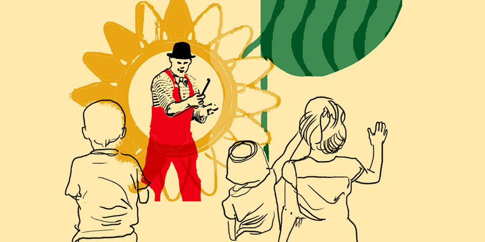 En illustration som visar en clown i en parklek.