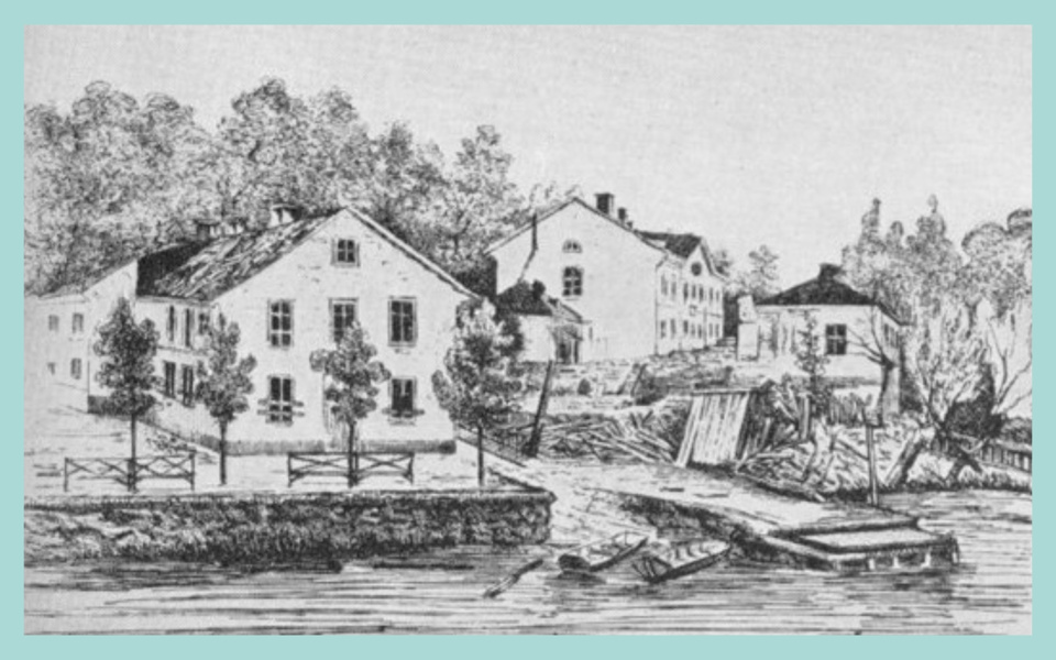 Illustration av olika hus vid Heleneborg på sent 1800-tal.