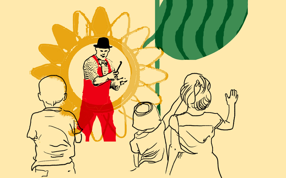 En illustration som visar en clown i en parklek.