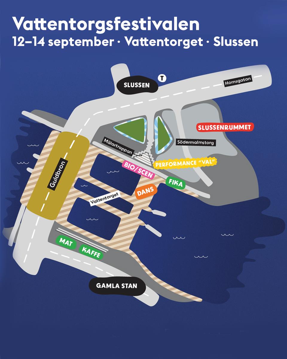 Karta över festivalområdet som sträcker sig från Södermalmstorg, via Mälartrappan till Vattentorget och ner till Munkbroleden vid Gamla stan. Filmvisning sker på Mälartrappan, dans på Vattentorget och intill Gamla stan finns det möjlighet att köpa mat och kaffe.