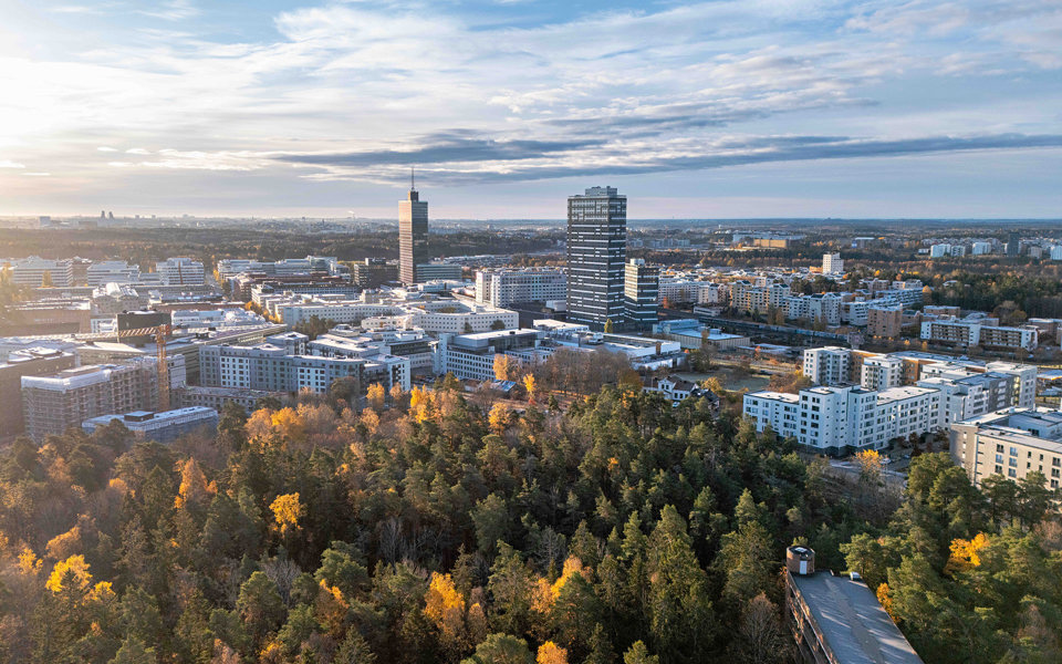 Vy över höjd vid skogsparti. Höga hus i bakgrunden, foto.